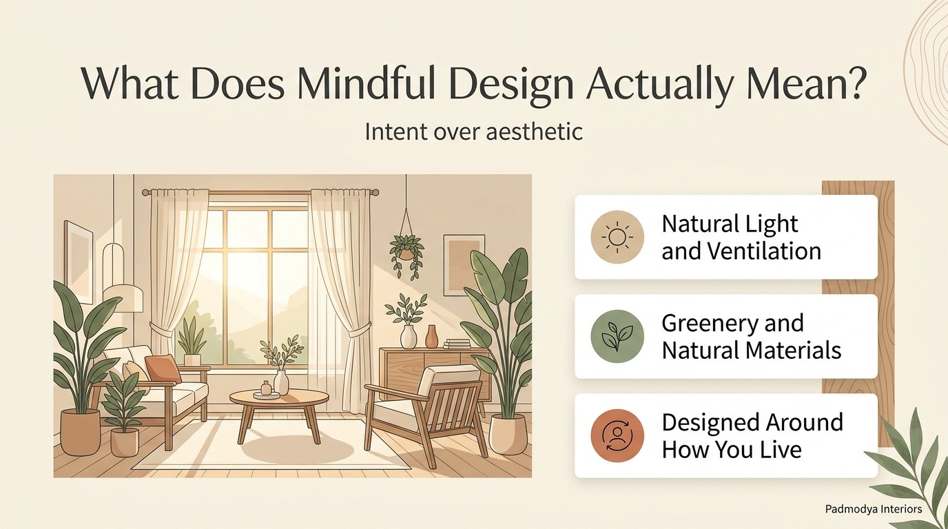 Illustration of a calm, sunlit Bangalore living room with plants and natural light, mindful interior design