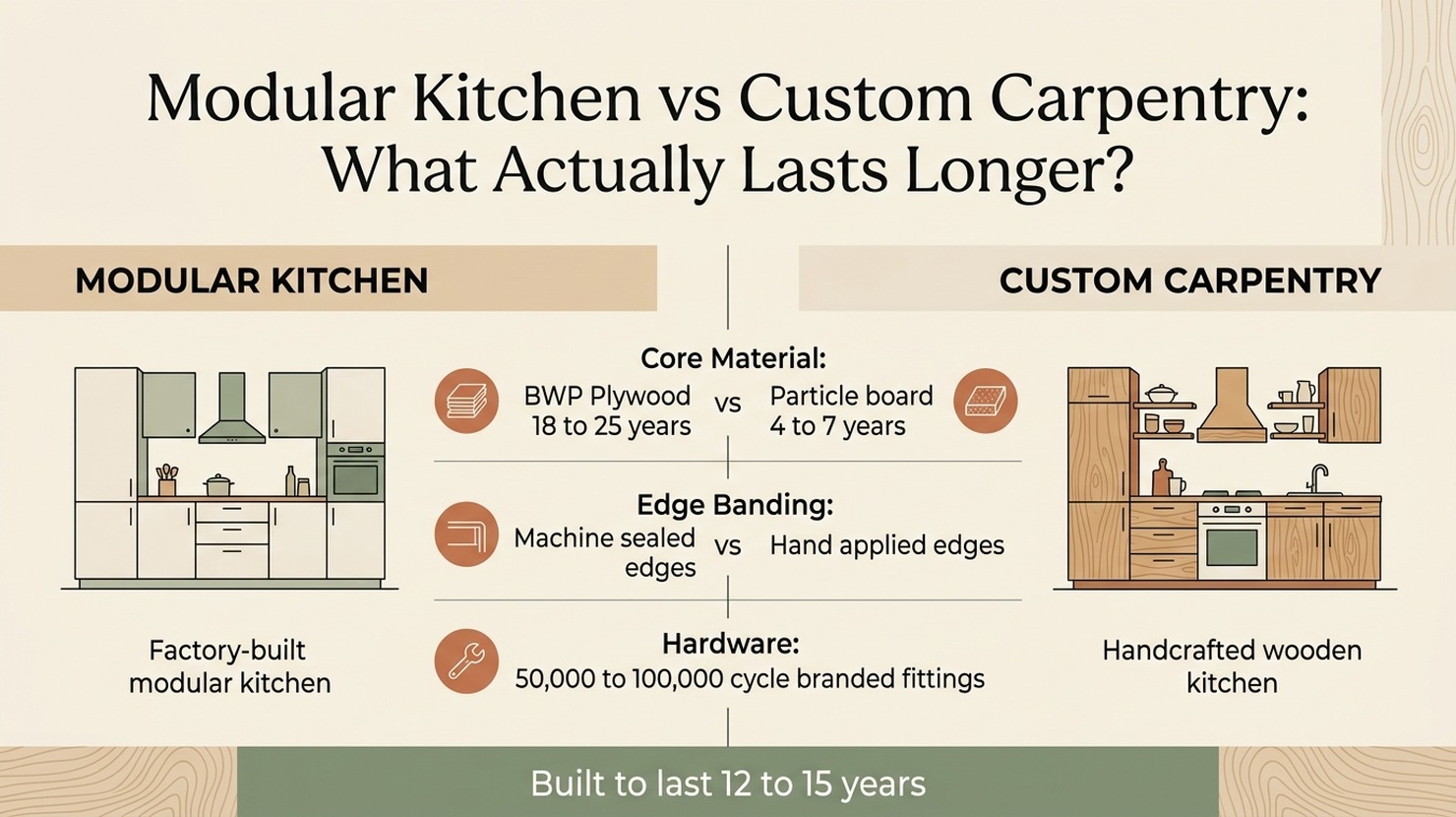 Infographic comparing modular kitchen and custom carpentry durability, materials and hardware