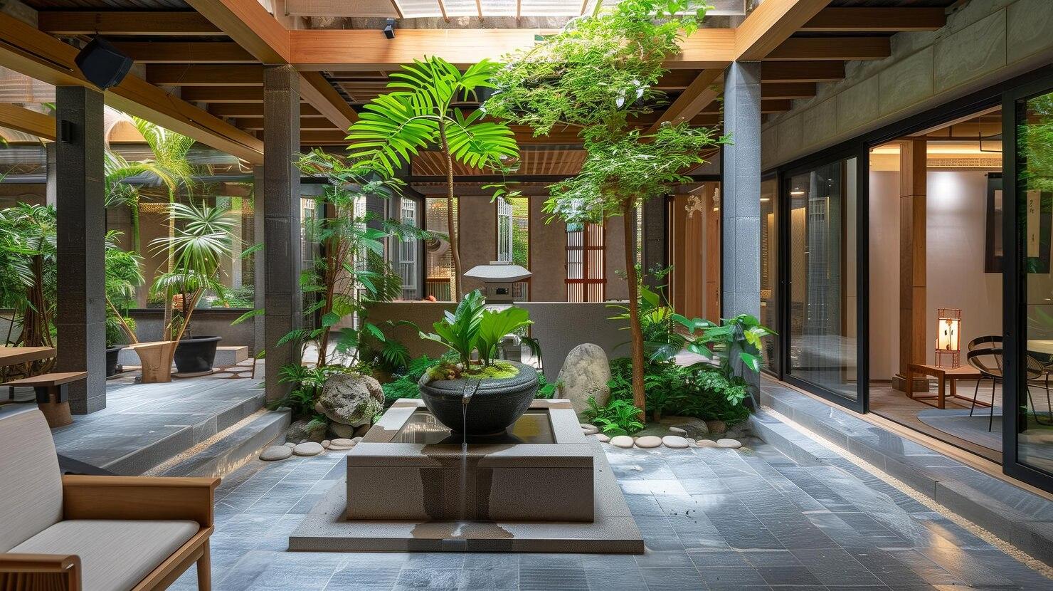 Sunlit interior with abundant greenery and natural materials, sustainable, eco-friendly design